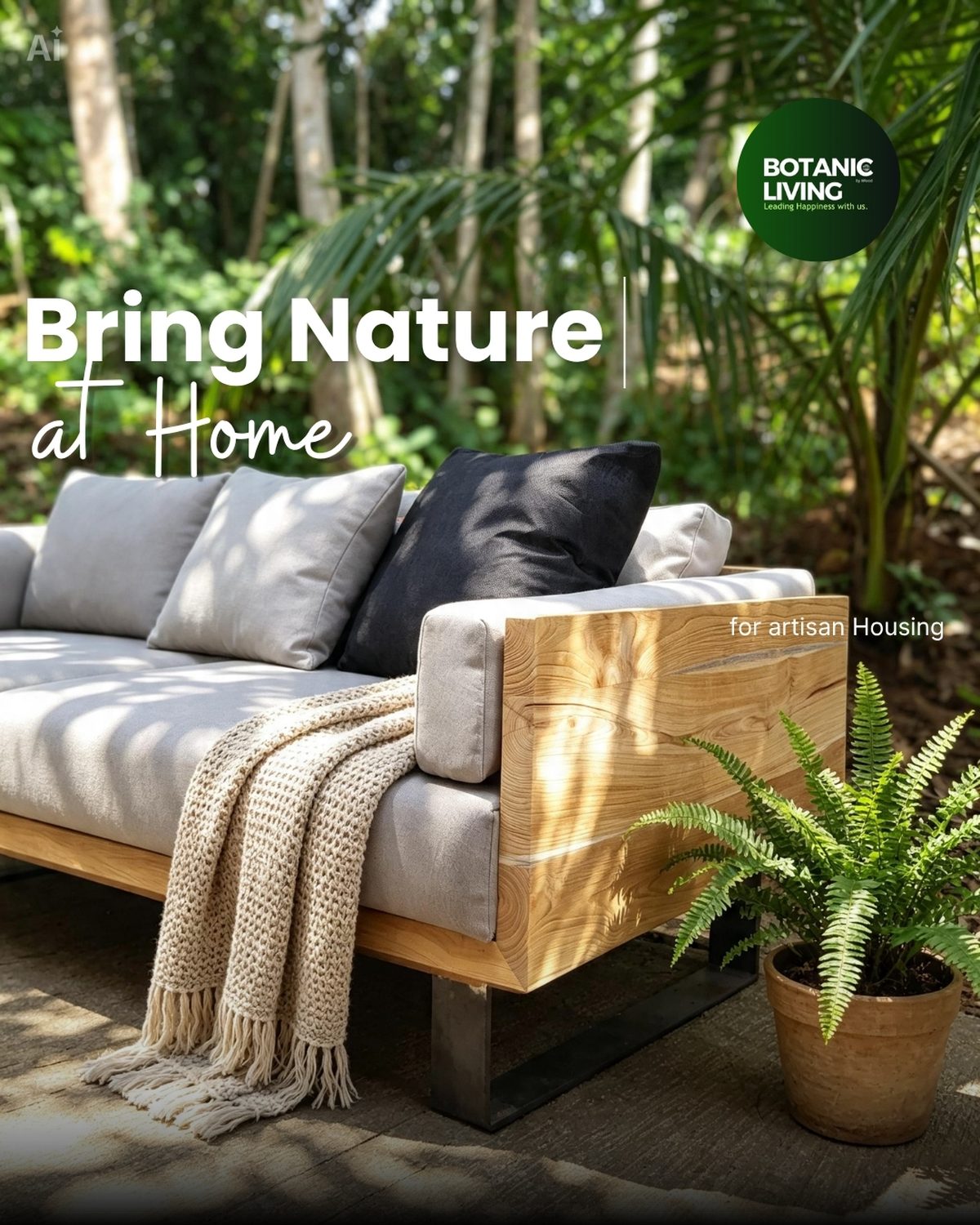 Sofa kayu jati custom Botanic Living by iWood untuk artisan housing dengan nuansa tropis